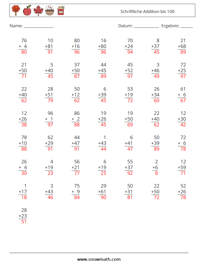 (50) Schriftliche Addition bis 100 Mathe-Arbeitsblätter 1 Frage, Antwort