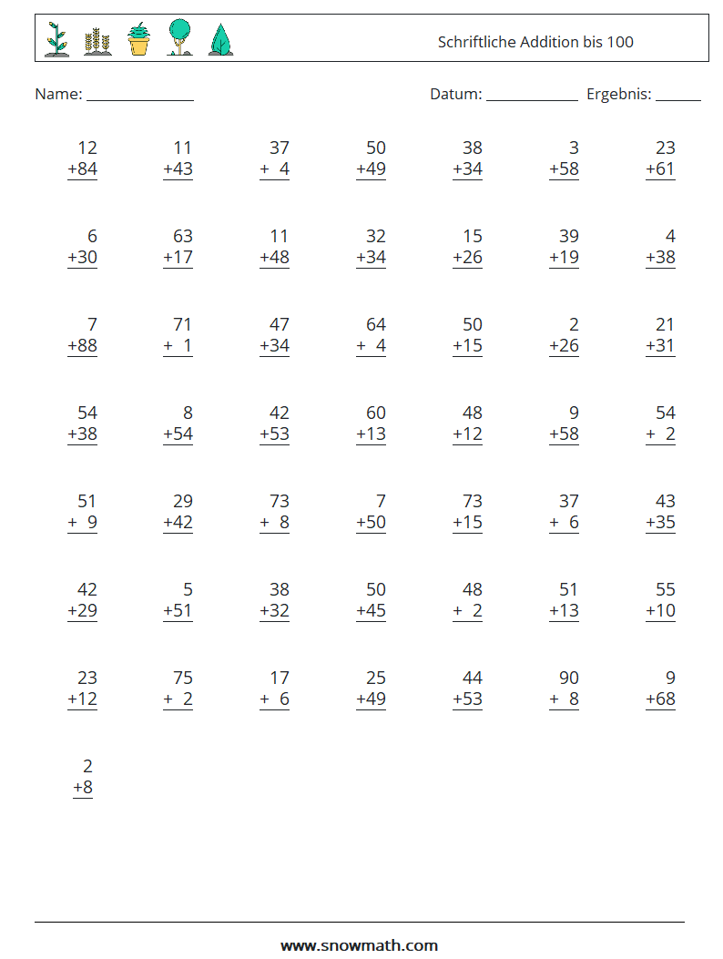 (50) Schriftliche Addition bis 100 Mathe-Arbeitsblätter 2