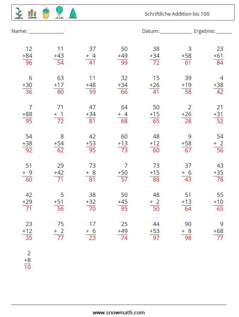 (50) Schriftliche Addition bis 100 Mathe-Arbeitsblätter 2 Frage, Antwort