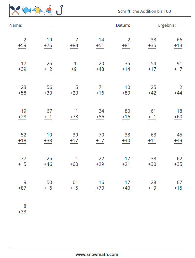 (50) Schriftliche Addition bis 100 Mathe-Arbeitsblätter 3