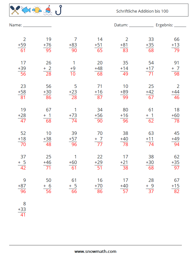 (50) Schriftliche Addition bis 100 Mathe-Arbeitsblätter 3 Frage, Antwort