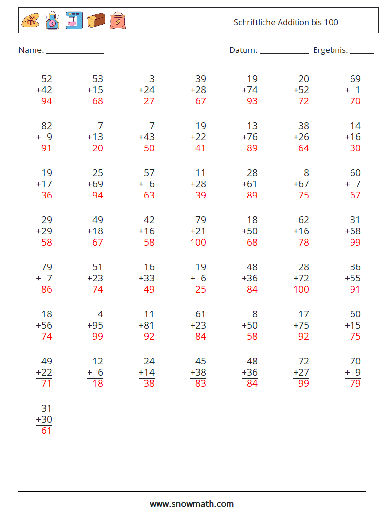 (50) Schriftliche Addition bis 100 Mathe-Arbeitsblätter 4 Frage, Antwort