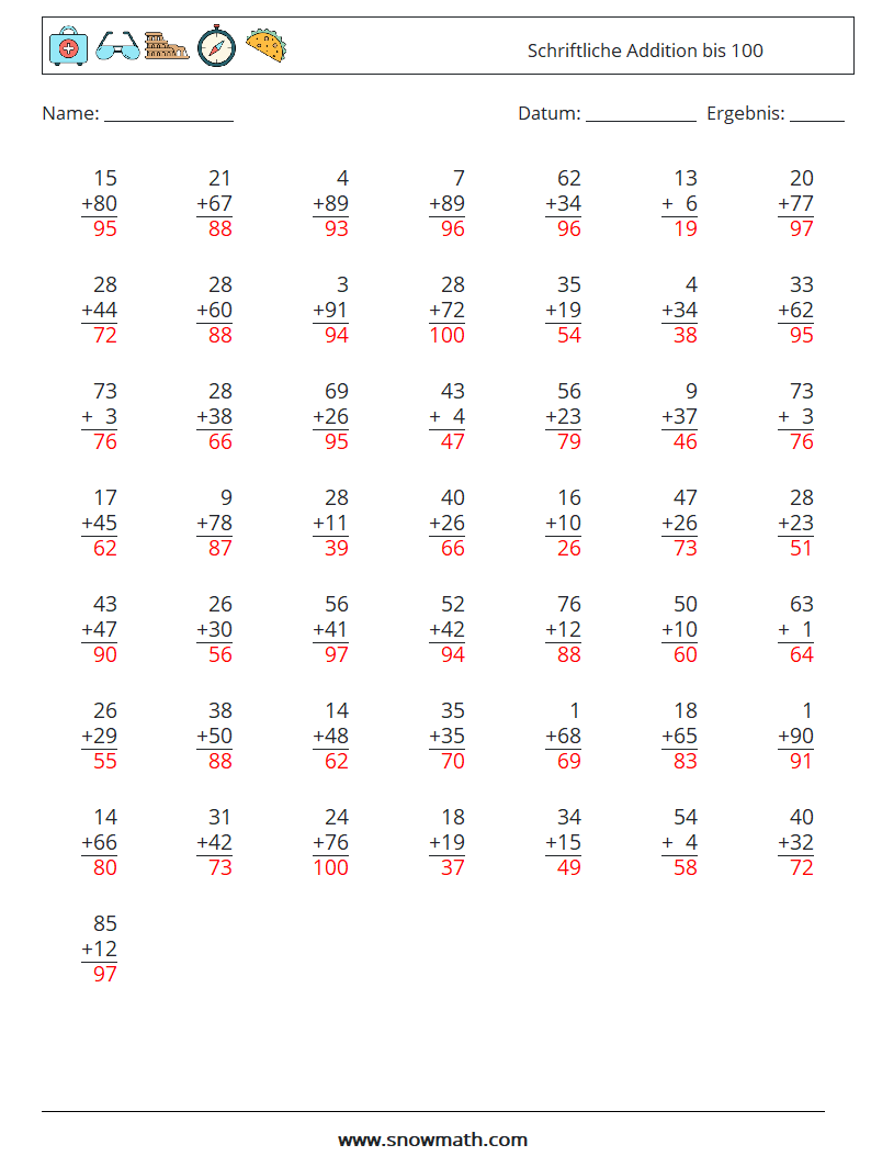 (50) Schriftliche Addition bis 100 Mathe-Arbeitsblätter 5 Frage, Antwort