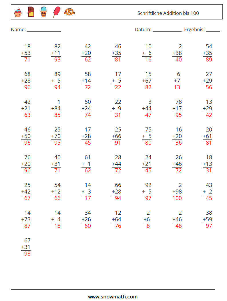 (50) Schriftliche Addition bis 100 Mathe-Arbeitsblätter 7 Frage, Antwort