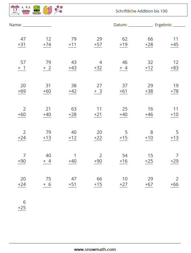 (50) Schriftliche Addition bis 100 Mathe-Arbeitsblätter 9