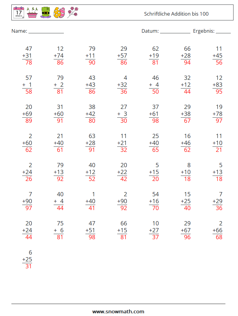 (50) Schriftliche Addition bis 100 Mathe-Arbeitsblätter 9 Frage, Antwort