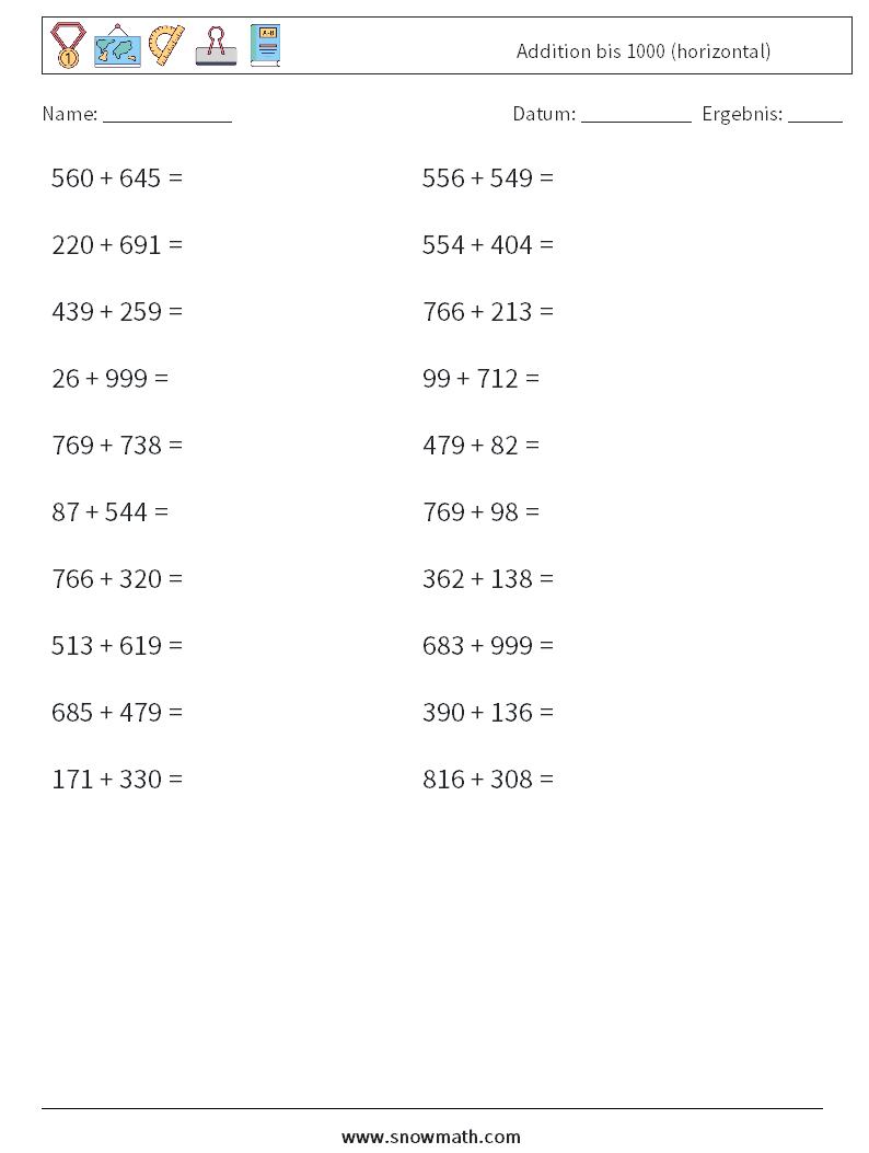 (20) Addition bis 1000 (horizontal) Mathe-Arbeitsblätter 1