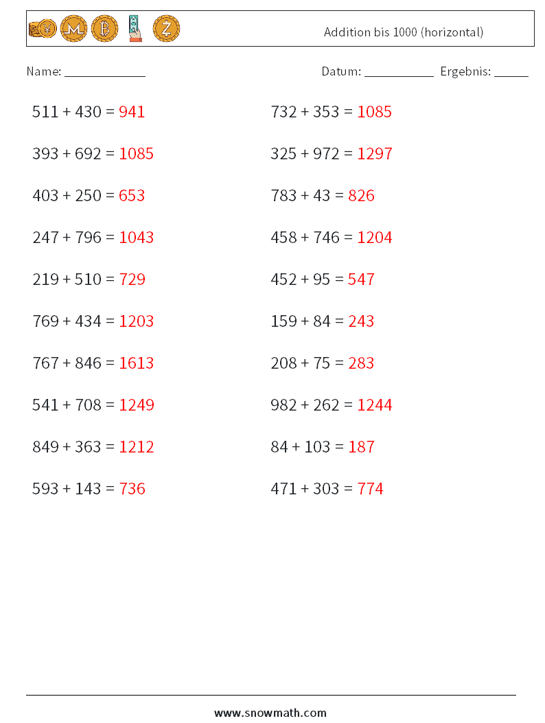 (20) Addition bis 1000 (horizontal) Mathe-Arbeitsblätter 5 Frage, Antwort