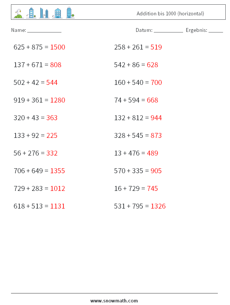 (20) Addition bis 1000 (horizontal) Mathe-Arbeitsblätter 6 Frage, Antwort