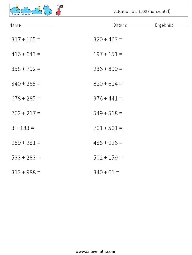 (20) Addition bis 1000 (horizontal) Mathe-Arbeitsblätter 7