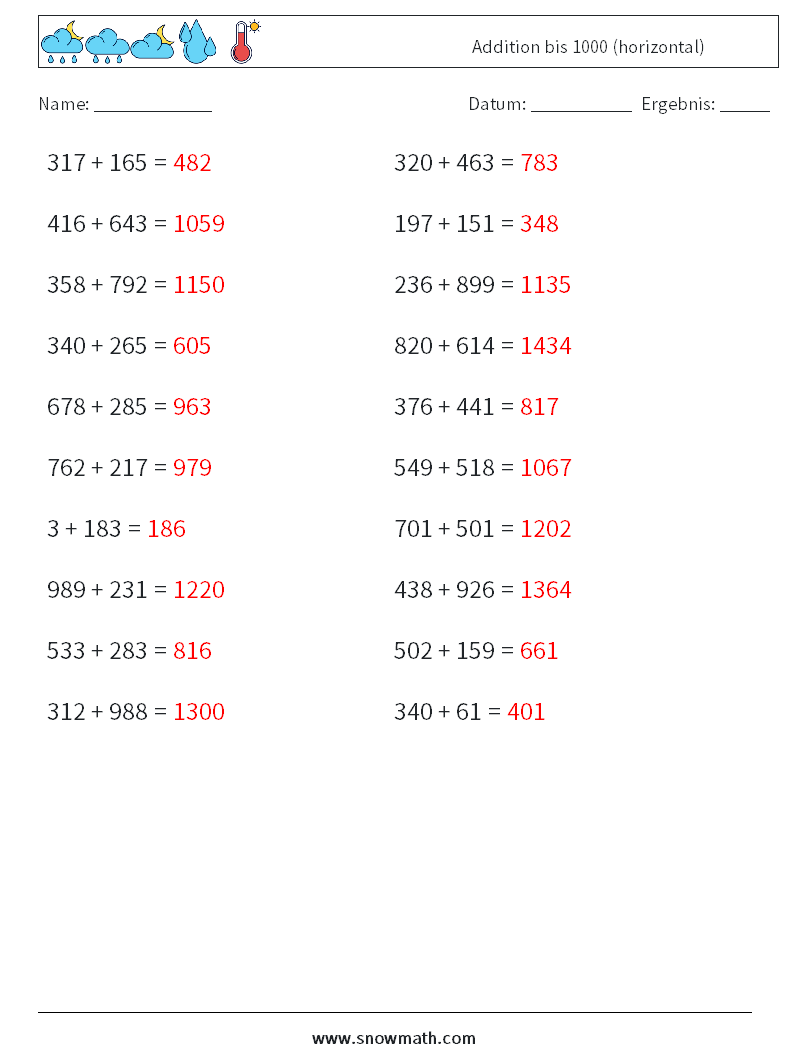 (20) Addition bis 1000 (horizontal) Mathe-Arbeitsblätter 7 Frage, Antwort