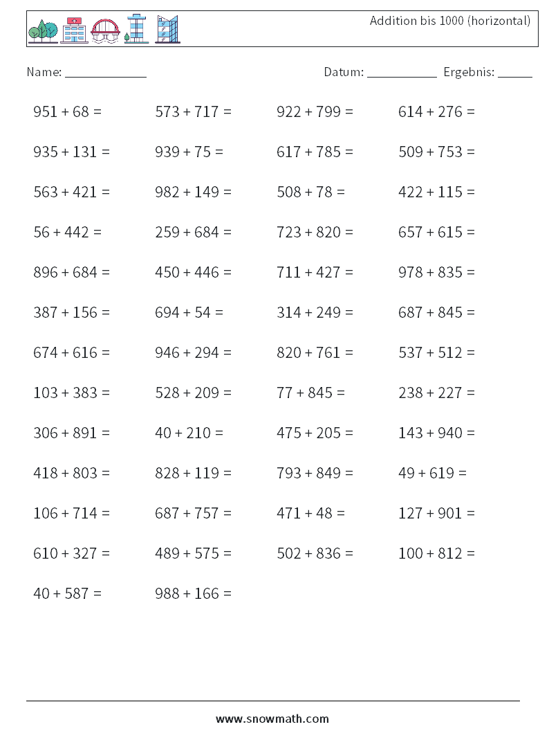 (50) Addition bis 1000 (horizontal) Mathe-Arbeitsblätter 1