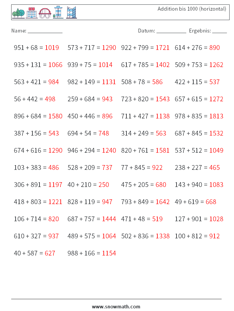 (50) Addition bis 1000 (horizontal) Mathe-Arbeitsblätter 1 Frage, Antwort