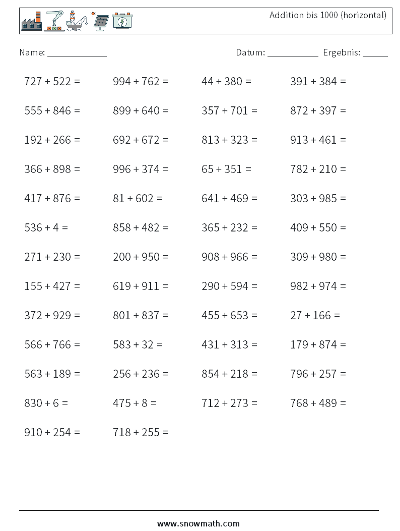 (50) Addition bis 1000 (horizontal) Mathe-Arbeitsblätter 2