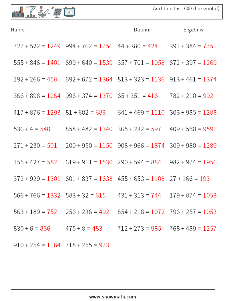(50) Addition bis 1000 (horizontal) Mathe-Arbeitsblätter 2 Frage, Antwort
