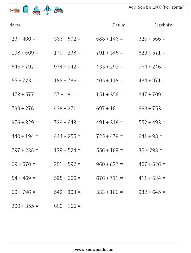 (50) Addition bis 1000 (horizontal) Mathe-Arbeitsblätter 3