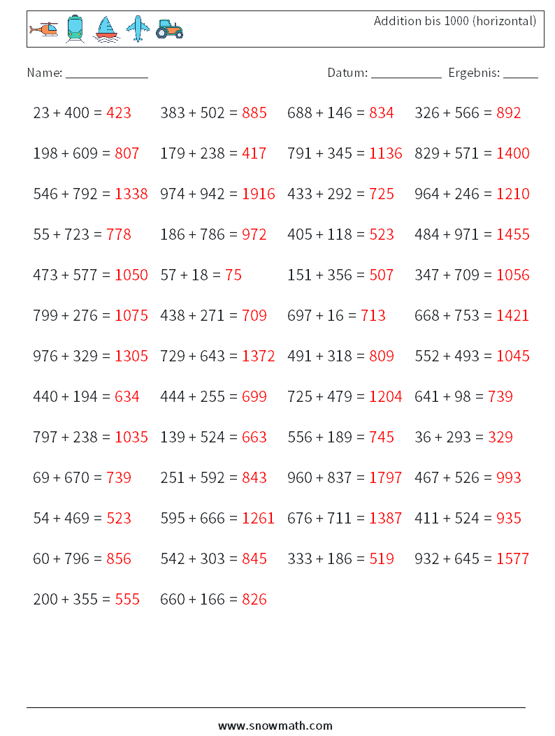 (50) Addition bis 1000 (horizontal) Mathe-Arbeitsblätter 3 Frage, Antwort