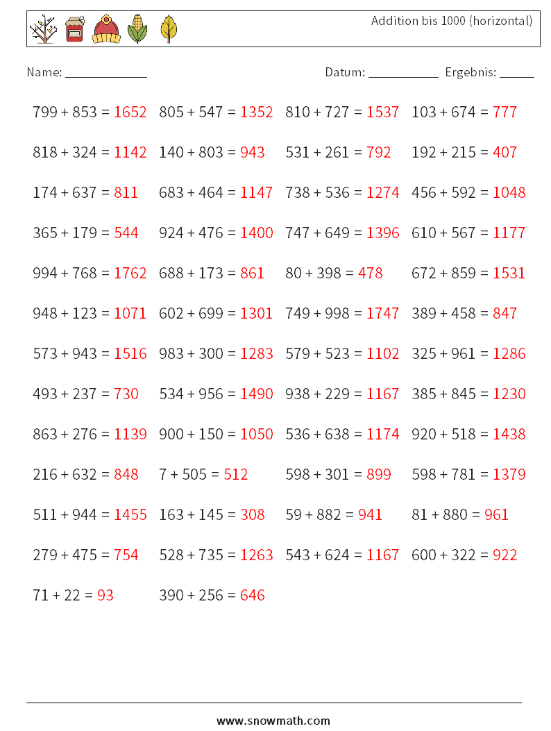 (50) Addition bis 1000 (horizontal) Mathe-Arbeitsblätter 4 Frage, Antwort