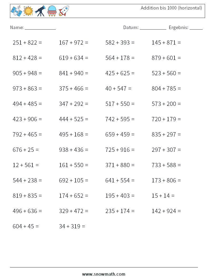 (50) Addition bis 1000 (horizontal) Mathe-Arbeitsblätter 5