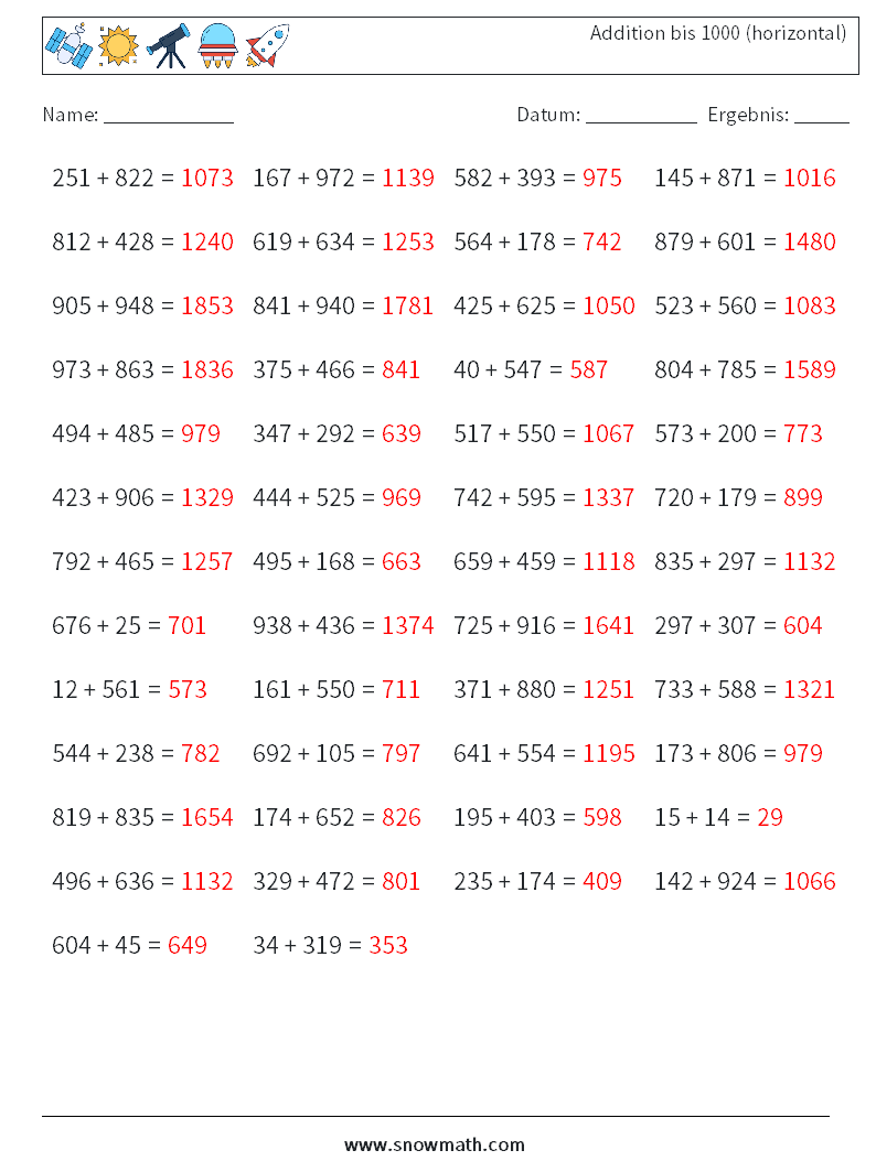 (50) Addition bis 1000 (horizontal) Mathe-Arbeitsblätter 5 Frage, Antwort