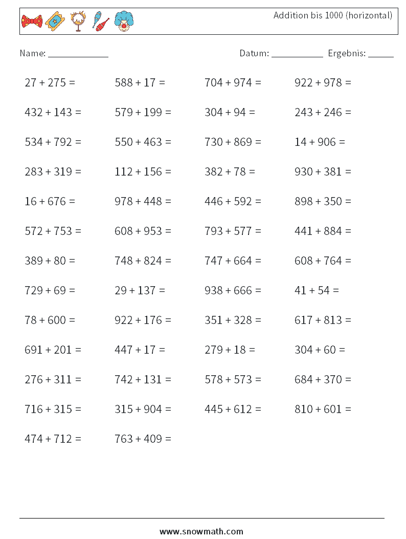 (50) Addition bis 1000 (horizontal) Mathe-Arbeitsblätter 6