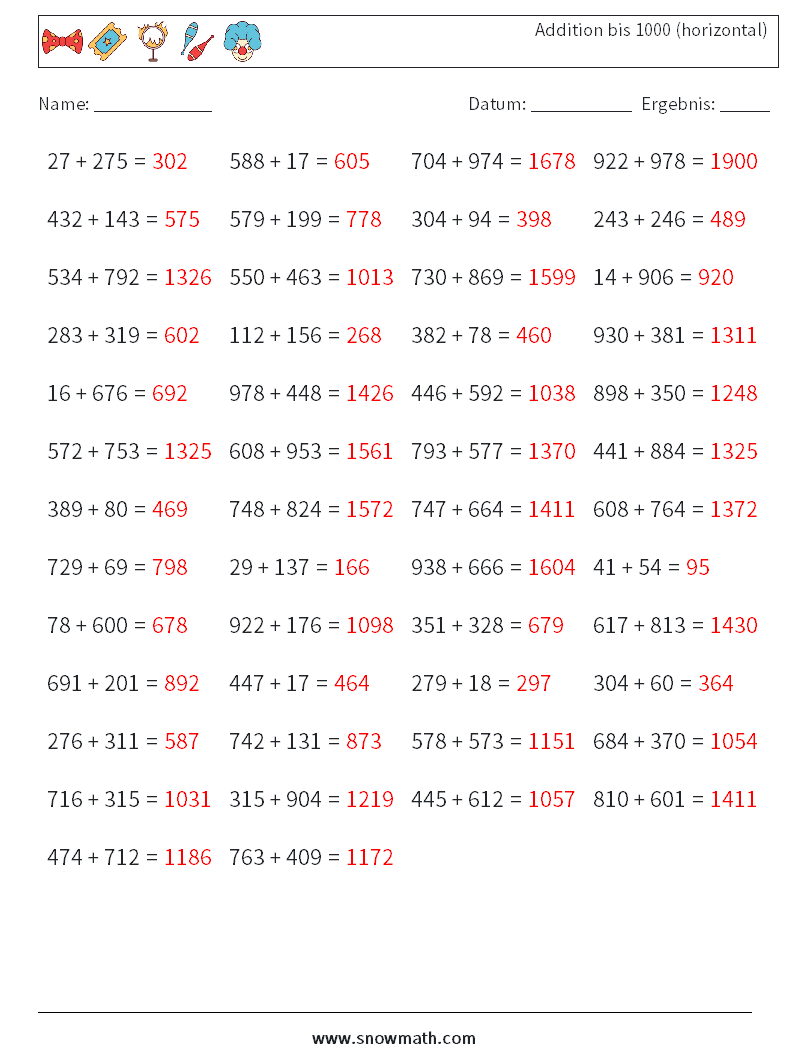 (50) Addition bis 1000 (horizontal) Mathe-Arbeitsblätter 6 Frage, Antwort