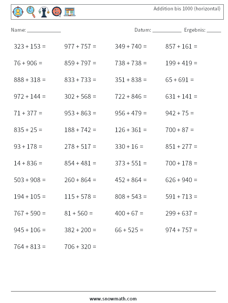 (50) Addition bis 1000 (horizontal) Mathe-Arbeitsblätter 7