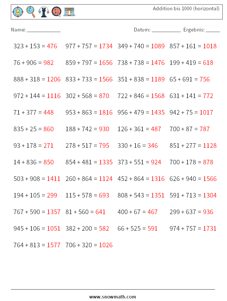 (50) Addition bis 1000 (horizontal) Mathe-Arbeitsblätter 7 Frage, Antwort