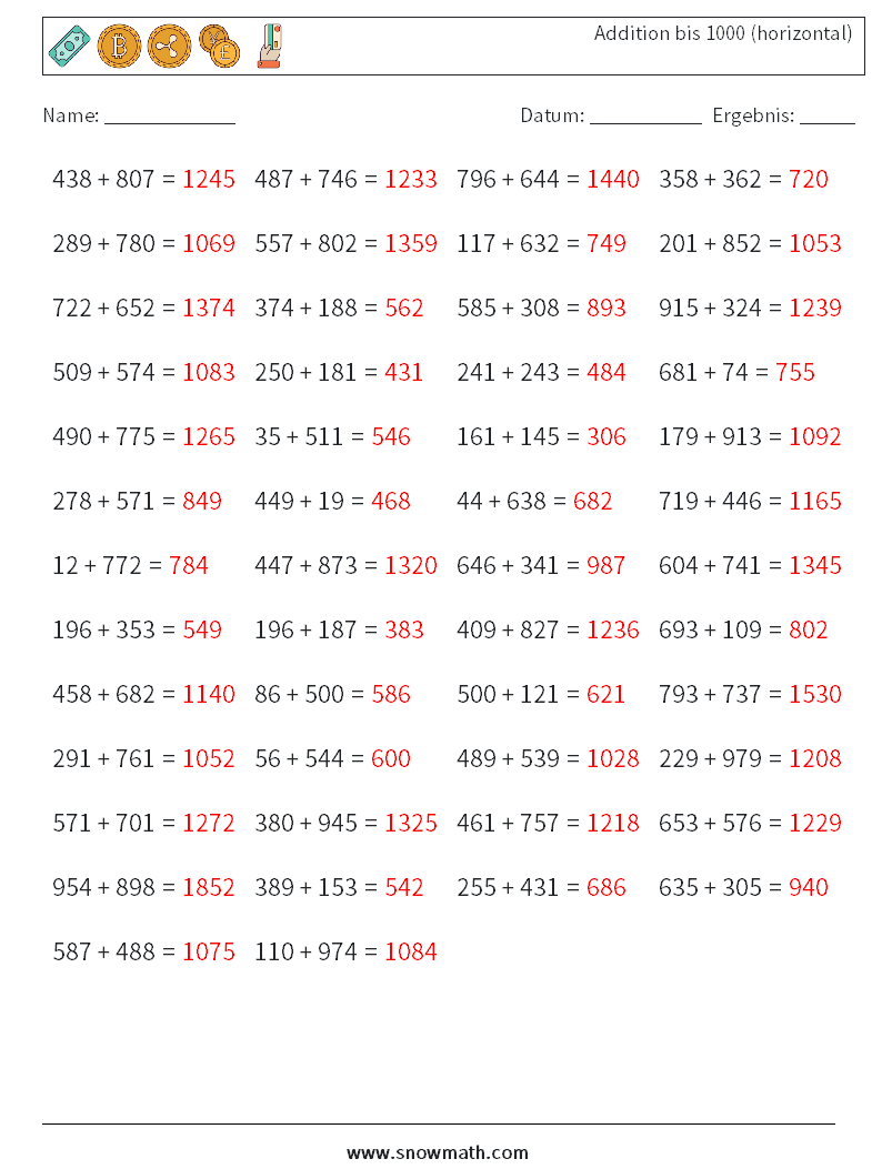 (50) Addition bis 1000 (horizontal) Mathe-Arbeitsblätter 8 Frage, Antwort