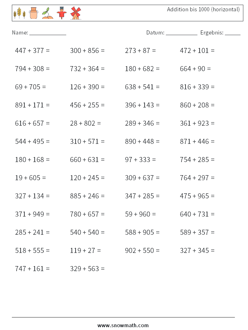 (50) Addition bis 1000 (horizontal) Mathe-Arbeitsblätter 9