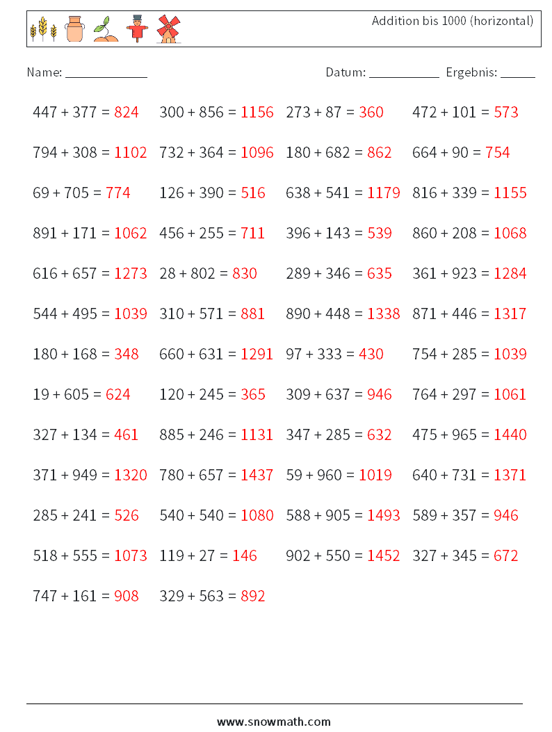(50) Addition bis 1000 (horizontal) Mathe-Arbeitsblätter 9 Frage, Antwort