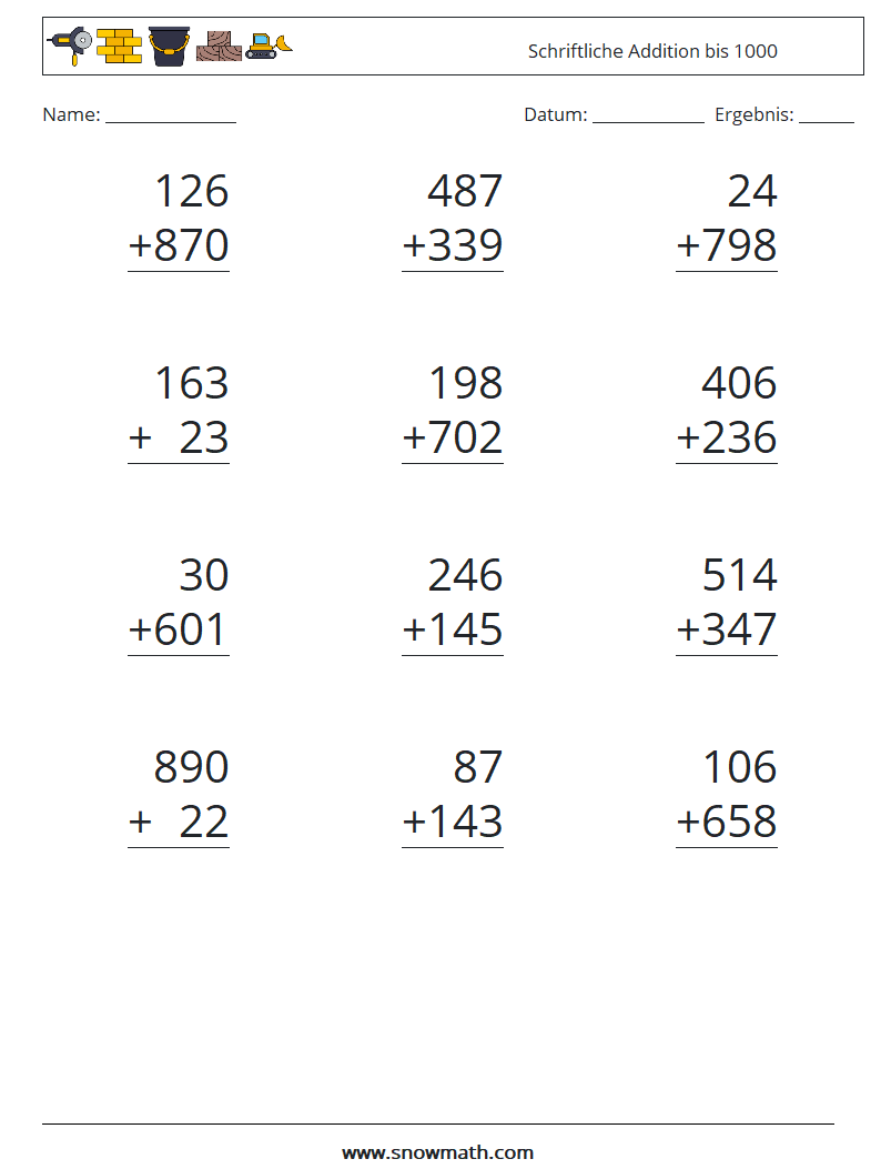 (12) Schriftliche Addition bis 1000 Mathe-Arbeitsblätter 1