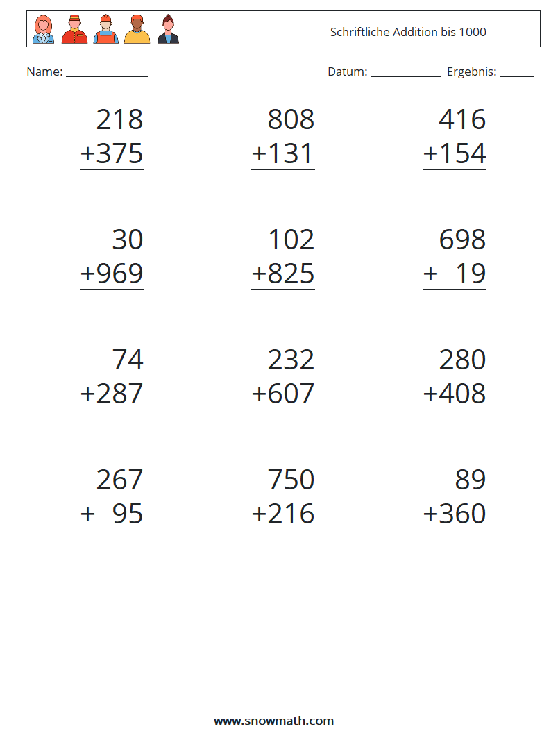 (12) Schriftliche Addition bis 1000 Mathe-Arbeitsblätter 10