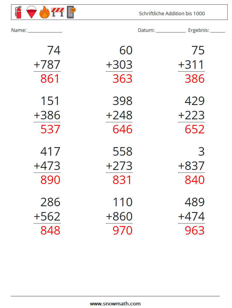 (12) Schriftliche Addition bis 1000 Mathe-Arbeitsblätter 11 Frage, Antwort