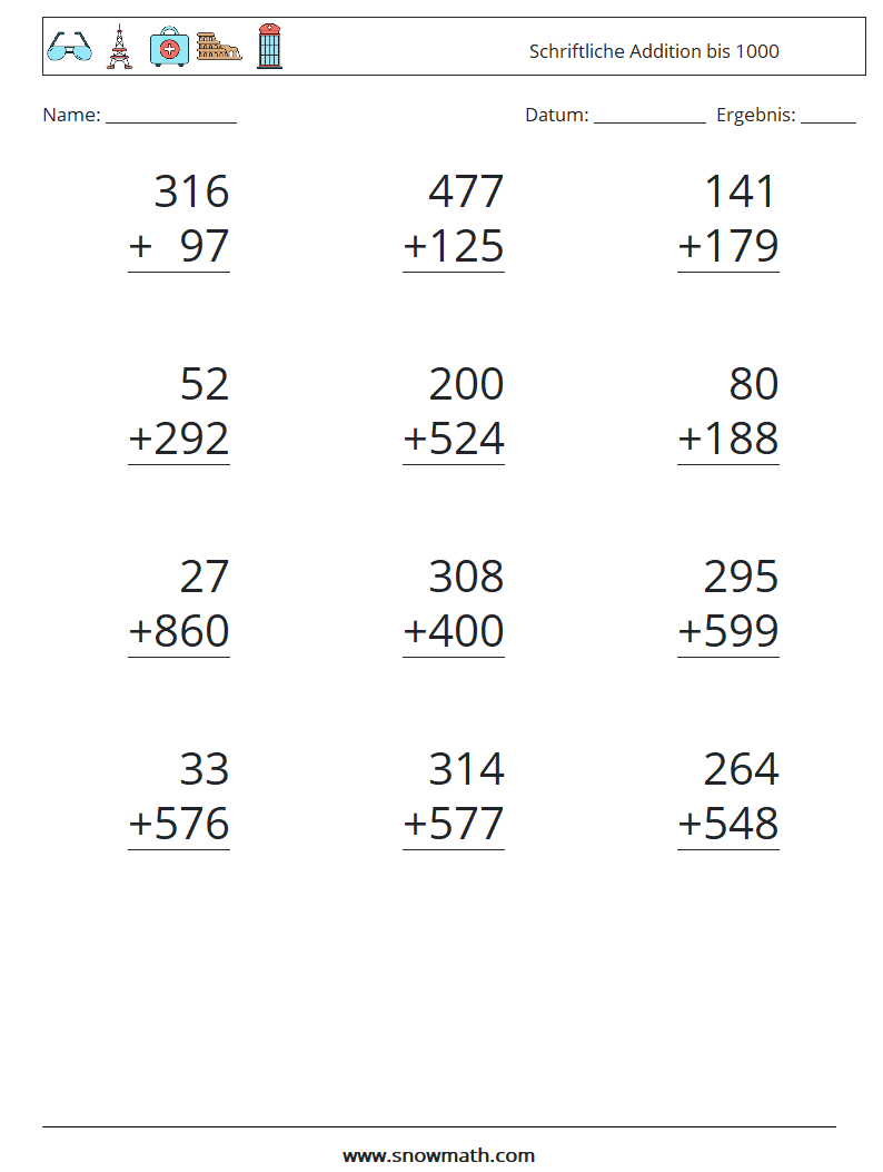 (12) Schriftliche Addition bis 1000 Mathe-Arbeitsblätter 12
