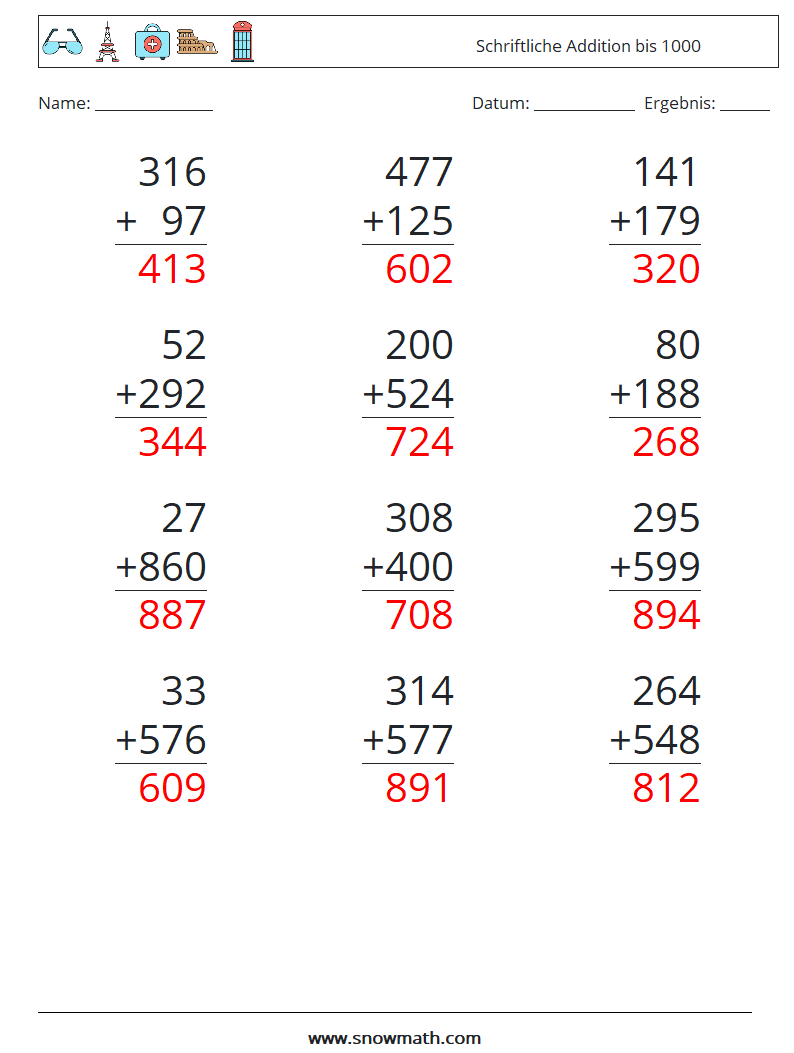 (12) Schriftliche Addition bis 1000 Mathe-Arbeitsblätter 12 Frage, Antwort