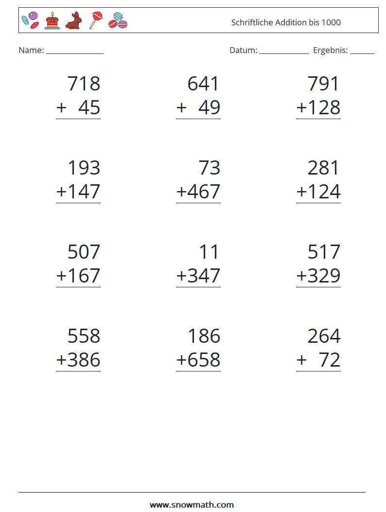 (12) Schriftliche Addition bis 1000 Mathe-Arbeitsblätter 13