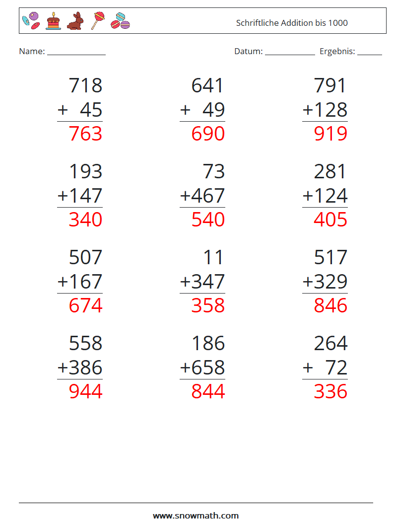 (12) Schriftliche Addition bis 1000 Mathe-Arbeitsblätter 13 Frage, Antwort