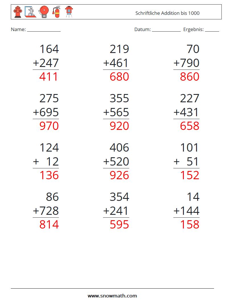 (12) Schriftliche Addition bis 1000 Mathe-Arbeitsblätter 14 Frage, Antwort