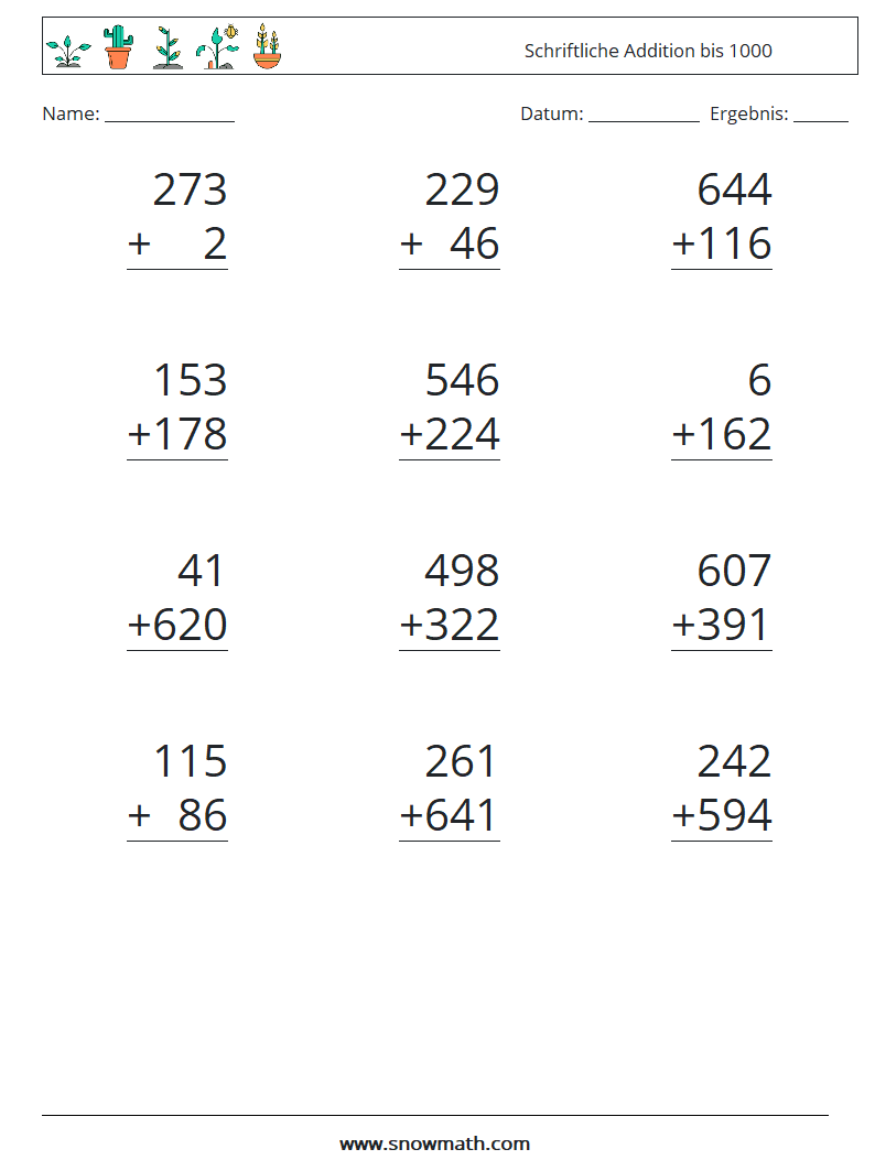 (12) Schriftliche Addition bis 1000 Mathe-Arbeitsblätter 15