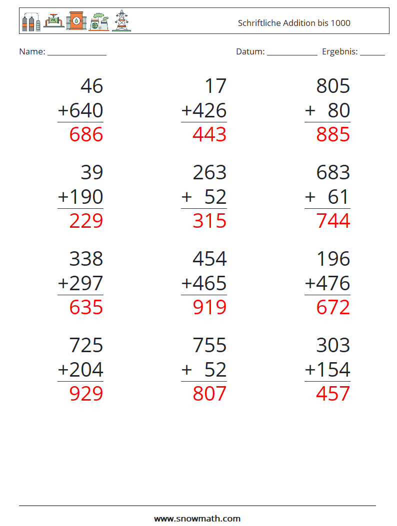 (12) Schriftliche Addition bis 1000 Mathe-Arbeitsblätter 16 Frage, Antwort