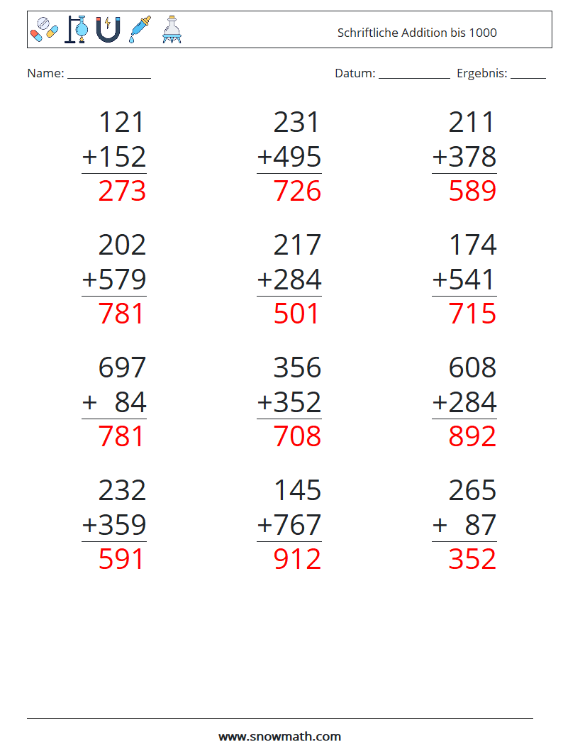 (12) Schriftliche Addition bis 1000 Mathe-Arbeitsblätter 17 Frage, Antwort