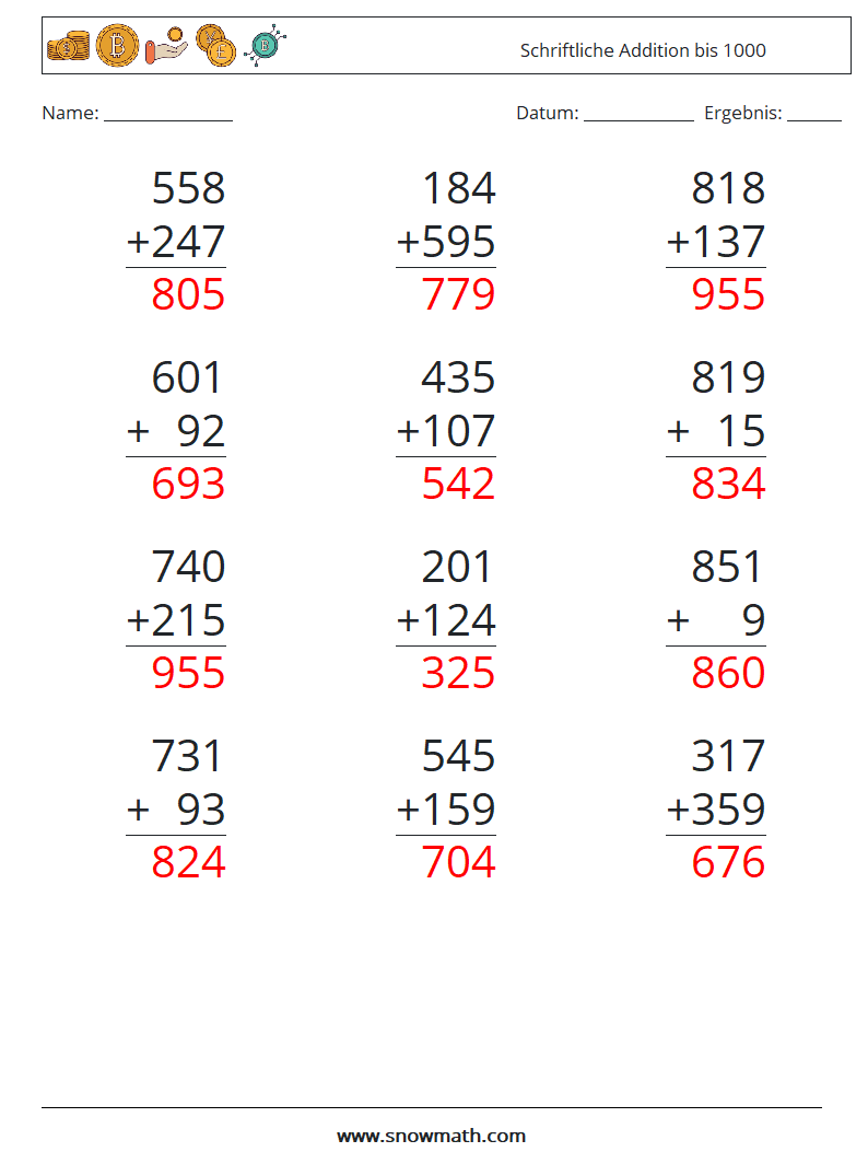 (12) Schriftliche Addition bis 1000 Mathe-Arbeitsblätter 18 Frage, Antwort