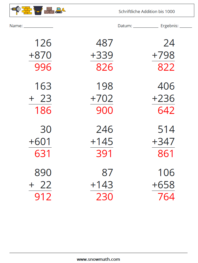 (12) Schriftliche Addition bis 1000 Mathe-Arbeitsblätter 1 Frage, Antwort