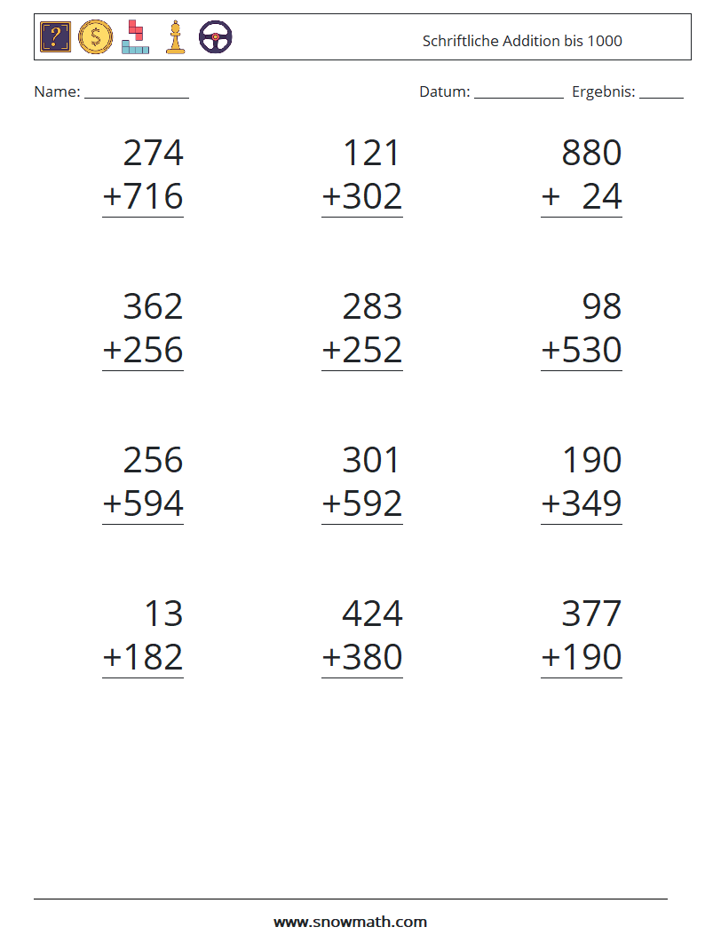 (12) Schriftliche Addition bis 1000 Mathe-Arbeitsblätter 2