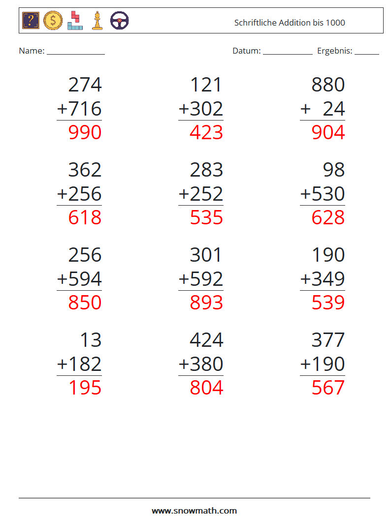 (12) Schriftliche Addition bis 1000 Mathe-Arbeitsblätter 2 Frage, Antwort