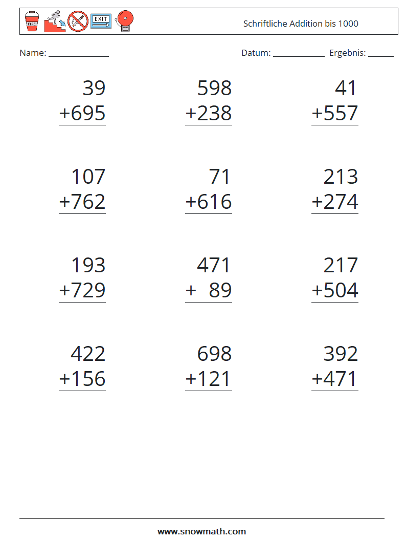 (12) Schriftliche Addition bis 1000 Mathe-Arbeitsblätter 3