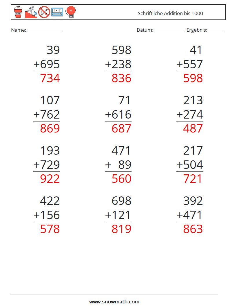 (12) Schriftliche Addition bis 1000 Mathe-Arbeitsblätter 3 Frage, Antwort