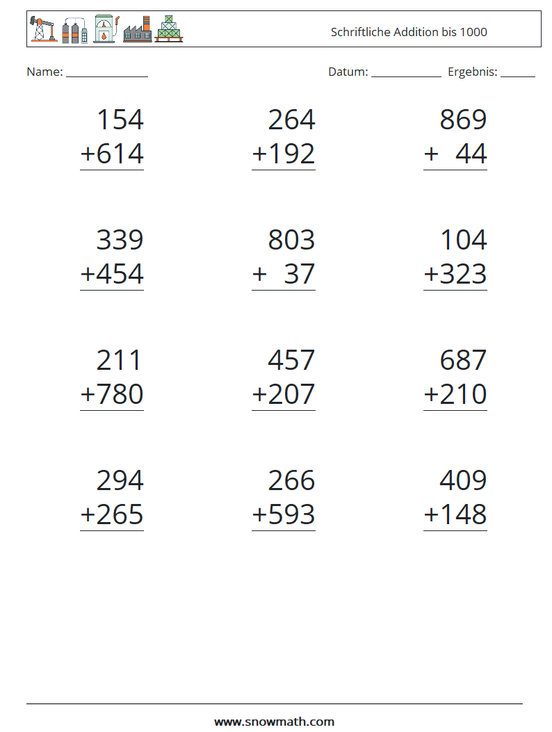 (12) Schriftliche Addition bis 1000 Mathe-Arbeitsblätter 4