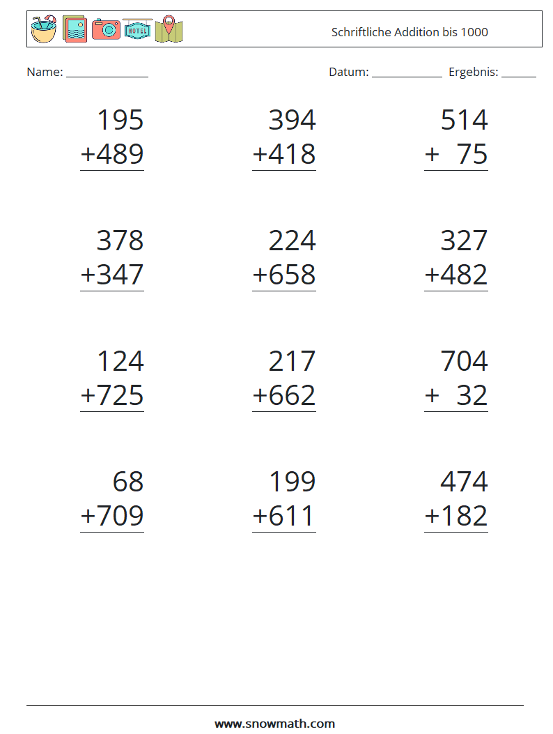 (12) Schriftliche Addition bis 1000 Mathe-Arbeitsblätter 5